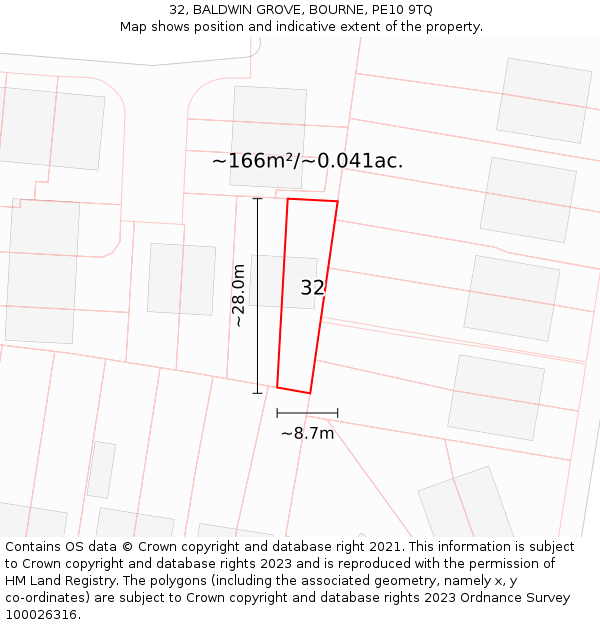 32, BALDWIN GROVE, BOURNE, PE10 9TQ: Plot and title map