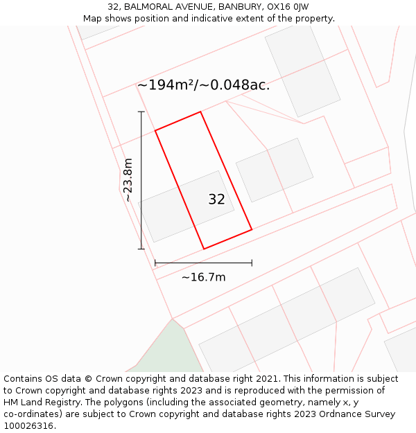 32, BALMORAL AVENUE, BANBURY, OX16 0JW: Plot and title map