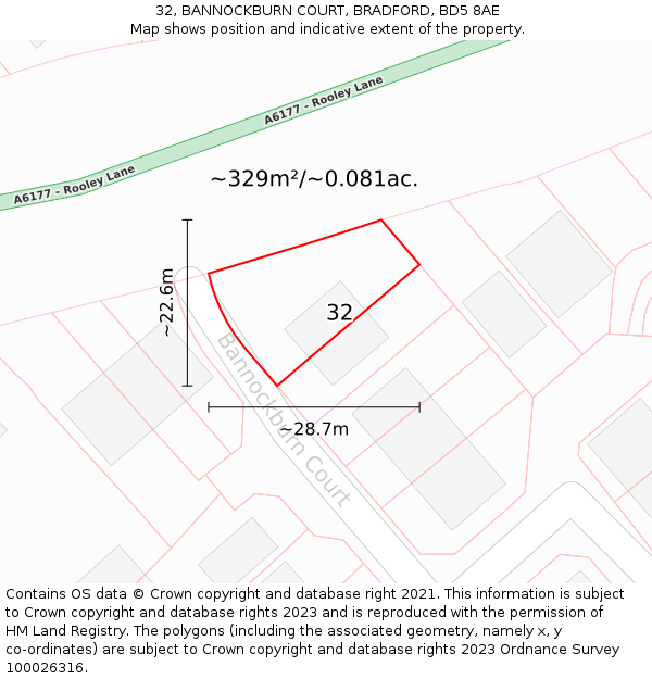 32, BANNOCKBURN COURT, BRADFORD, BD5 8AE: Plot and title map