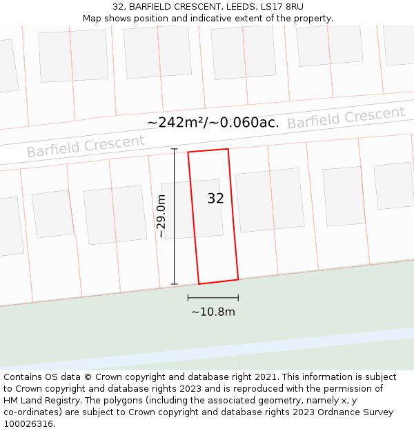 32, BARFIELD CRESCENT, LEEDS, LS17 8RU: Plot and title map