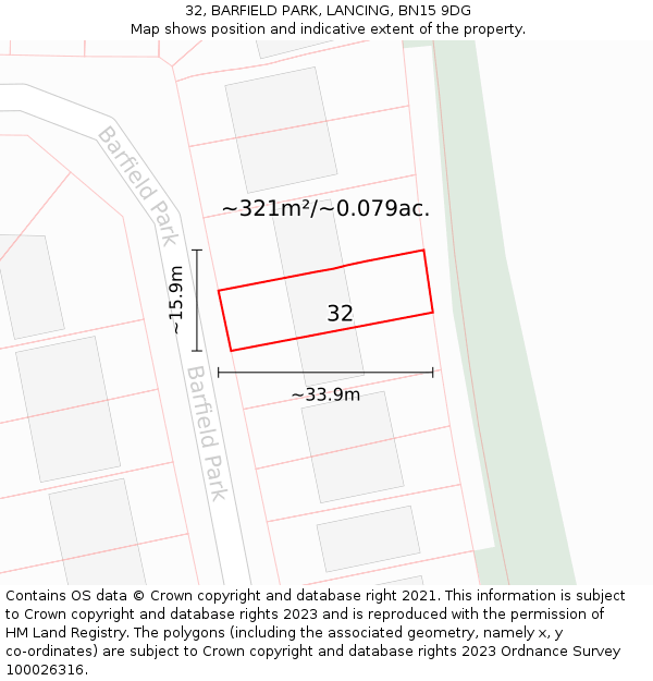 32, BARFIELD PARK, LANCING, BN15 9DG: Plot and title map