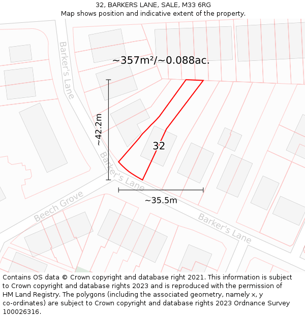 32, BARKERS LANE, SALE, M33 6RG: Plot and title map