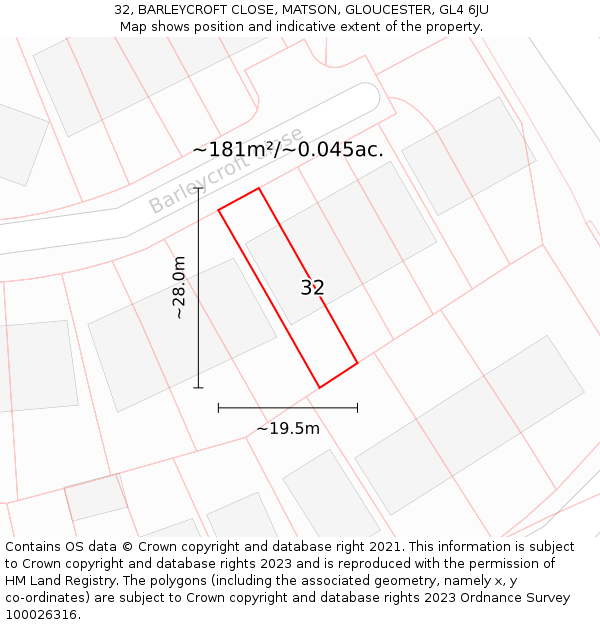 32, BARLEYCROFT CLOSE, MATSON, GLOUCESTER, GL4 6JU: Plot and title map