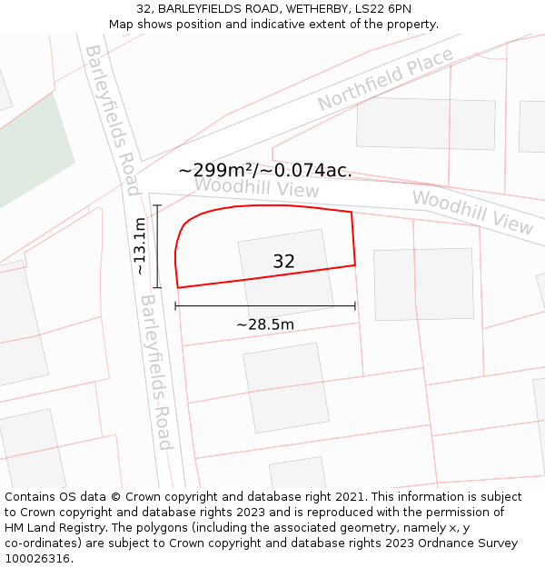 32, BARLEYFIELDS ROAD, WETHERBY, LS22 6PN: Plot and title map
