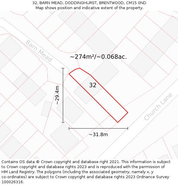 32, BARN MEAD, DODDINGHURST, BRENTWOOD, CM15 0ND: Plot and title map
