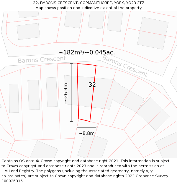 32, BARONS CRESCENT, COPMANTHORPE, YORK, YO23 3TZ: Plot and title map