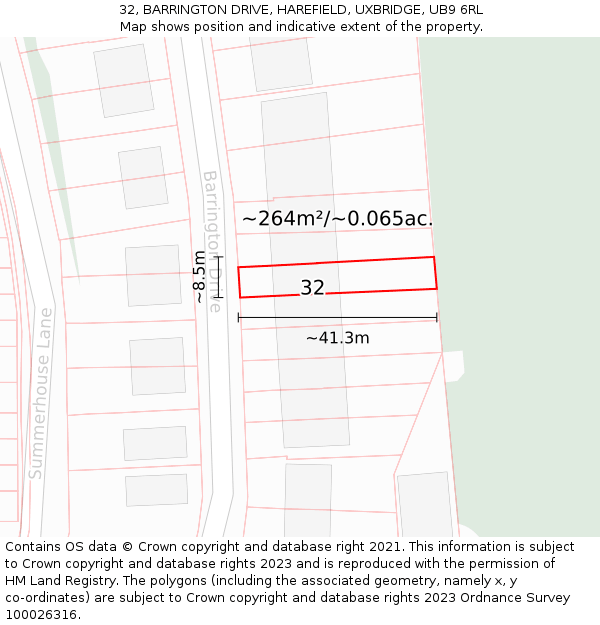 32, BARRINGTON DRIVE, HAREFIELD, UXBRIDGE, UB9 6RL: Plot and title map