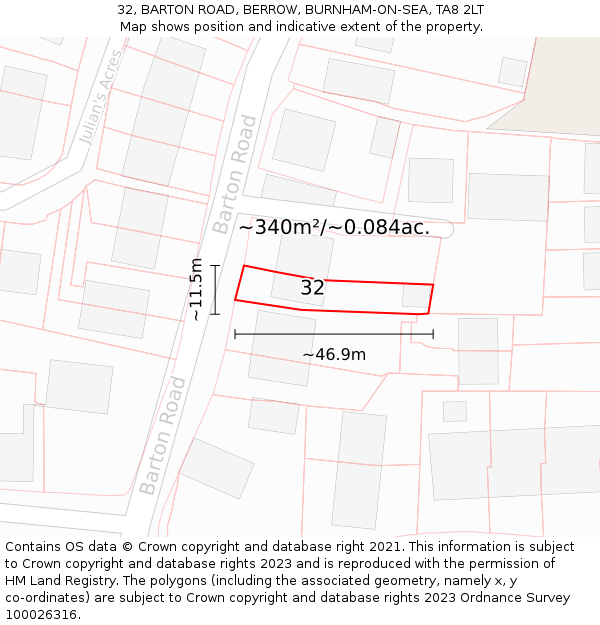 32, BARTON ROAD, BERROW, BURNHAM-ON-SEA, TA8 2LT: Plot and title map