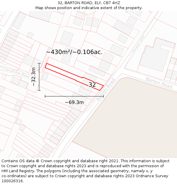 32, BARTON ROAD, ELY, CB7 4HZ: Plot and title map