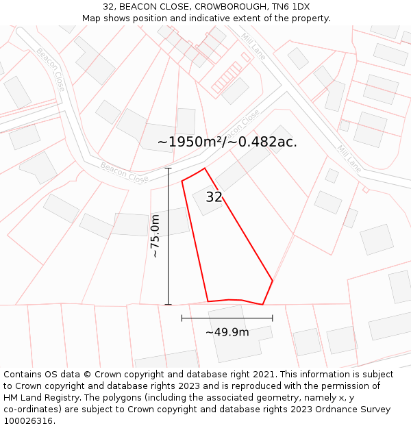 32, BEACON CLOSE, CROWBOROUGH, TN6 1DX: Plot and title map