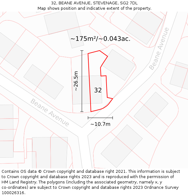 32, BEANE AVENUE, STEVENAGE, SG2 7DL: Plot and title map