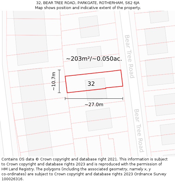 32, BEAR TREE ROAD, PARKGATE, ROTHERHAM, S62 6JA: Plot and title map
