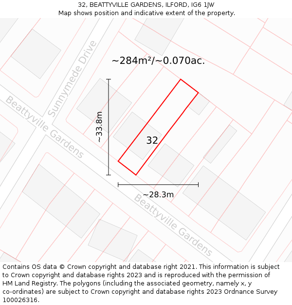 32, BEATTYVILLE GARDENS, ILFORD, IG6 1JW: Plot and title map