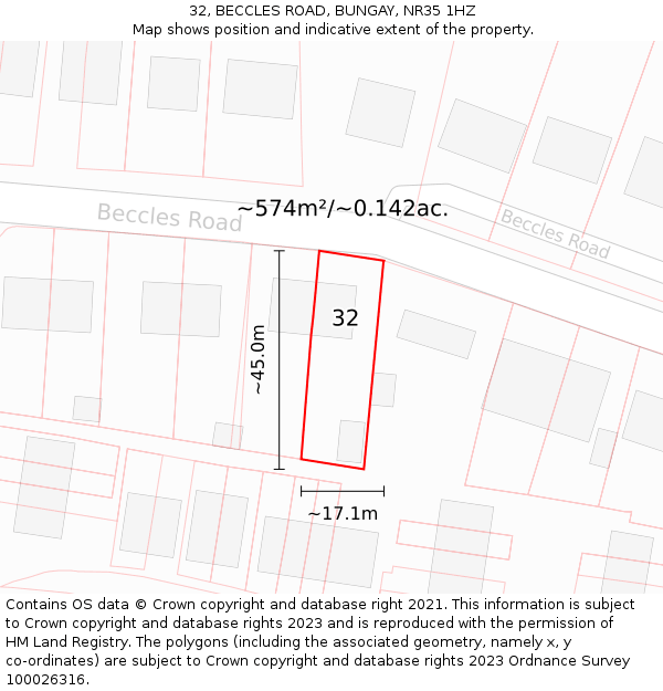 32, BECCLES ROAD, BUNGAY, NR35 1HZ: Plot and title map