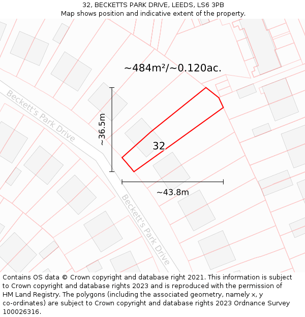 32, BECKETTS PARK DRIVE, LEEDS, LS6 3PB: Plot and title map