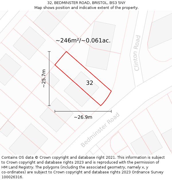 32, BEDMINSTER ROAD, BRISTOL, BS3 5NY: Plot and title map