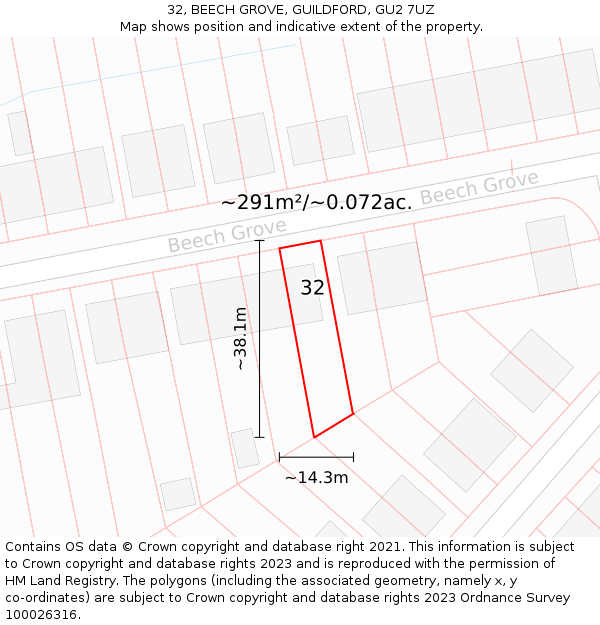 32, BEECH GROVE, GUILDFORD, GU2 7UZ: Plot and title map
