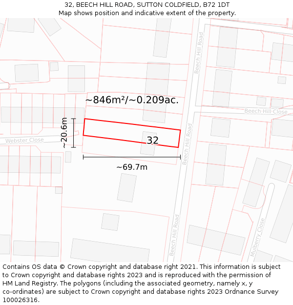 32, BEECH HILL ROAD, SUTTON COLDFIELD, B72 1DT: Plot and title map