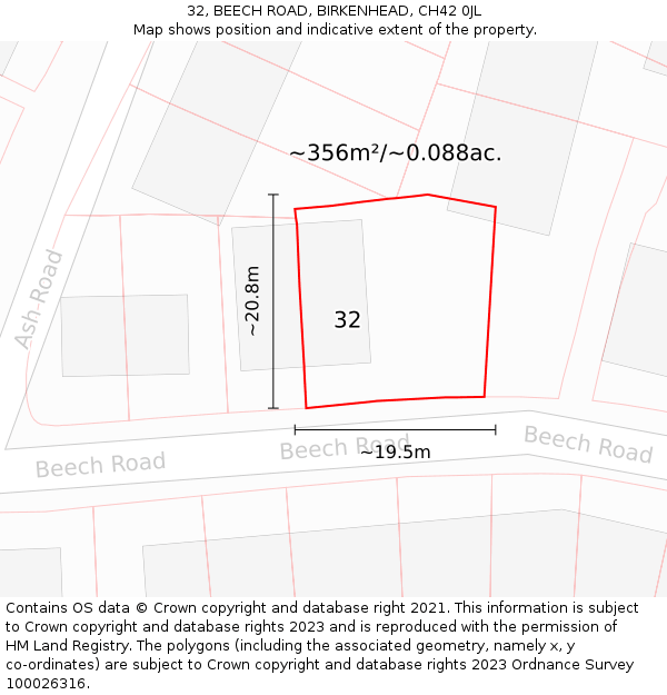32, BEECH ROAD, BIRKENHEAD, CH42 0JL: Plot and title map