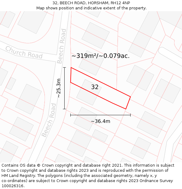 32, BEECH ROAD, HORSHAM, RH12 4NP: Plot and title map