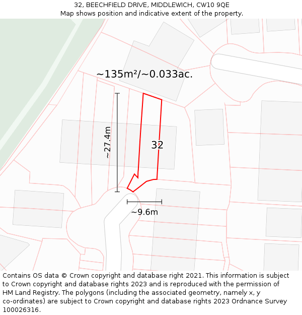 32, BEECHFIELD DRIVE, MIDDLEWICH, CW10 9QE: Plot and title map