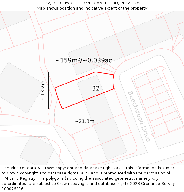 32, BEECHWOOD DRIVE, CAMELFORD, PL32 9NA: Plot and title map