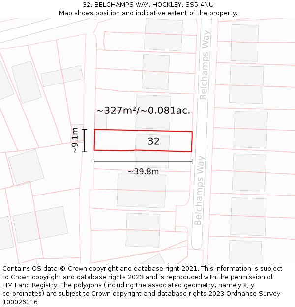 32, BELCHAMPS WAY, HOCKLEY, SS5 4NU: Plot and title map