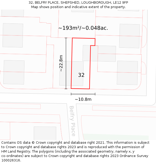 32, BELFRY PLACE, SHEPSHED, LOUGHBOROUGH, LE12 9FP: Plot and title map