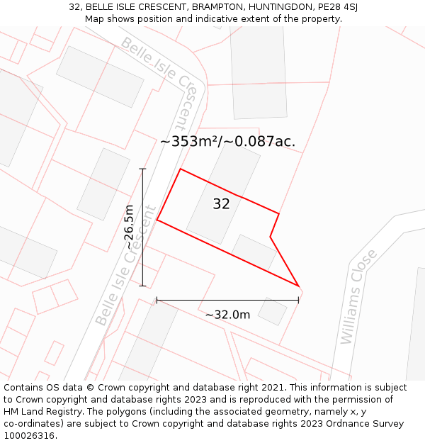 32, BELLE ISLE CRESCENT, BRAMPTON, HUNTINGDON, PE28 4SJ: Plot and title map