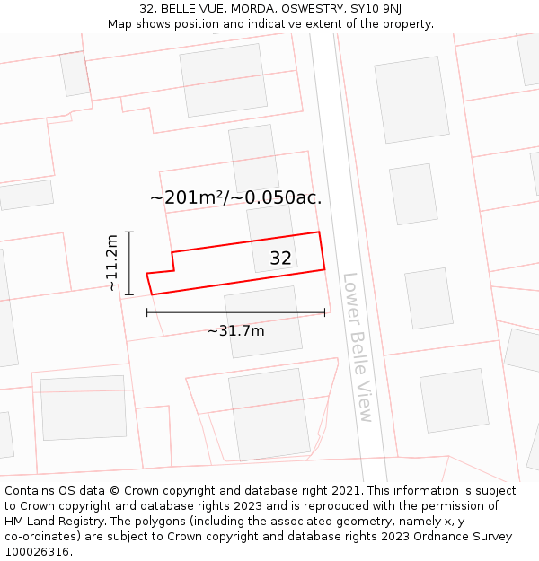 32, BELLE VUE, MORDA, OSWESTRY, SY10 9NJ: Plot and title map