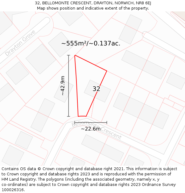 32, BELLOMONTE CRESCENT, DRAYTON, NORWICH, NR8 6EJ: Plot and title map