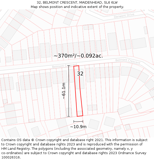 32, BELMONT CRESCENT, MAIDENHEAD, SL6 6LW: Plot and title map