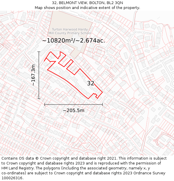 32, BELMONT VIEW, BOLTON, BL2 3QN: Plot and title map