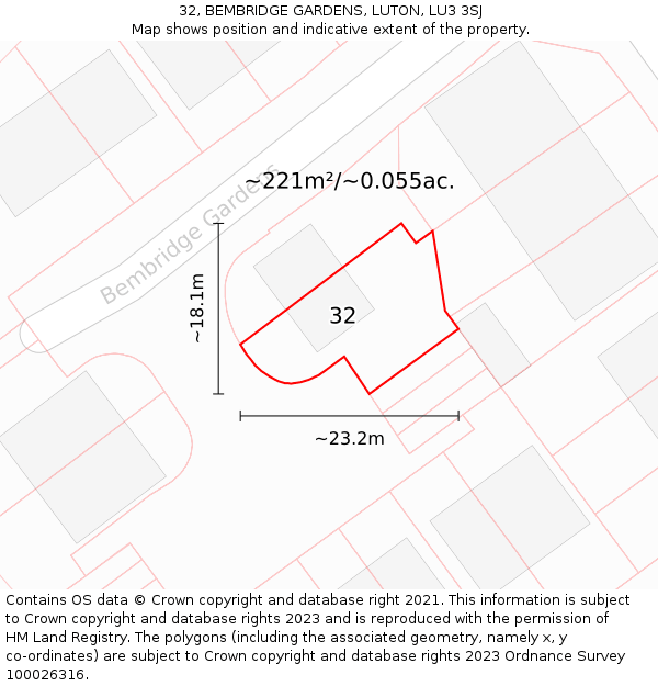 32, BEMBRIDGE GARDENS, LUTON, LU3 3SJ: Plot and title map