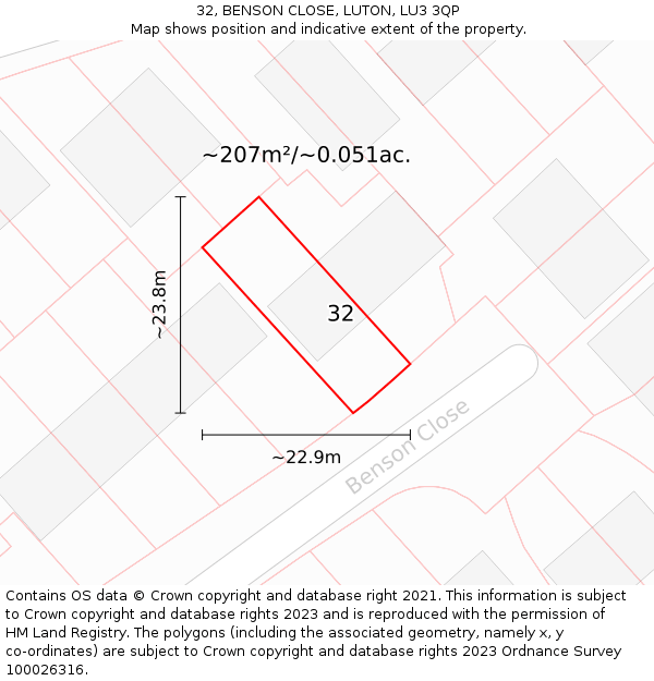32, BENSON CLOSE, LUTON, LU3 3QP: Plot and title map