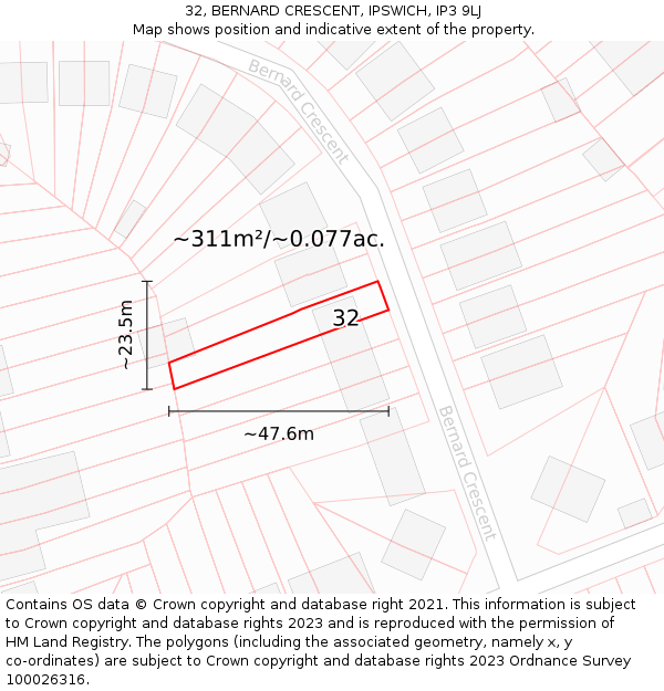 32, BERNARD CRESCENT, IPSWICH, IP3 9LJ: Plot and title map