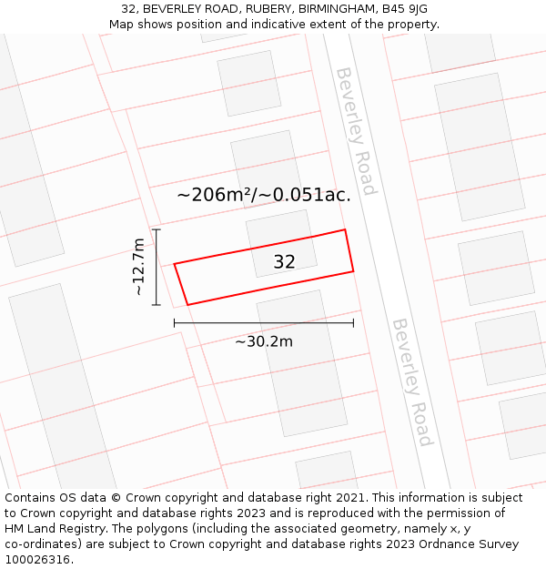 32, BEVERLEY ROAD, RUBERY, BIRMINGHAM, B45 9JG: Plot and title map