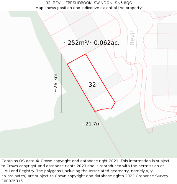 32, BEVIL, FRESHBROOK, SWINDON, SN5 8QS: Plot and title map