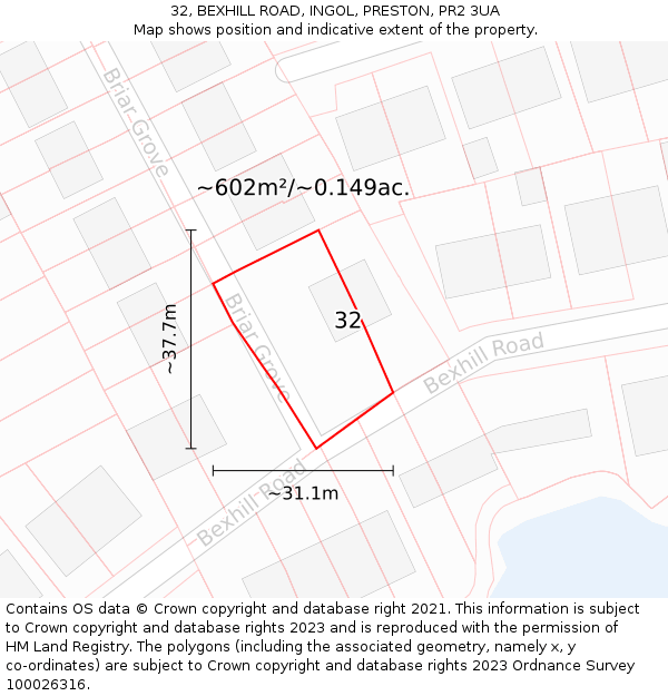 32, BEXHILL ROAD, INGOL, PRESTON, PR2 3UA: Plot and title map