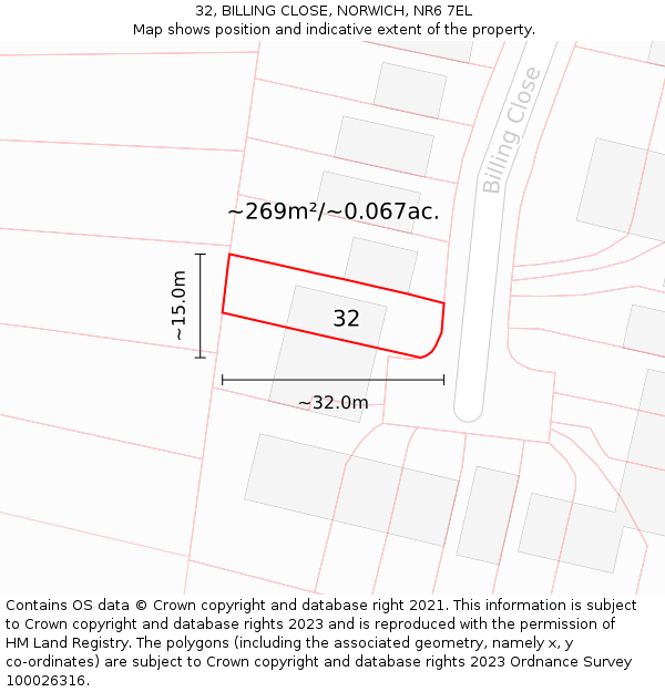 32, BILLING CLOSE, NORWICH, NR6 7EL: Plot and title map