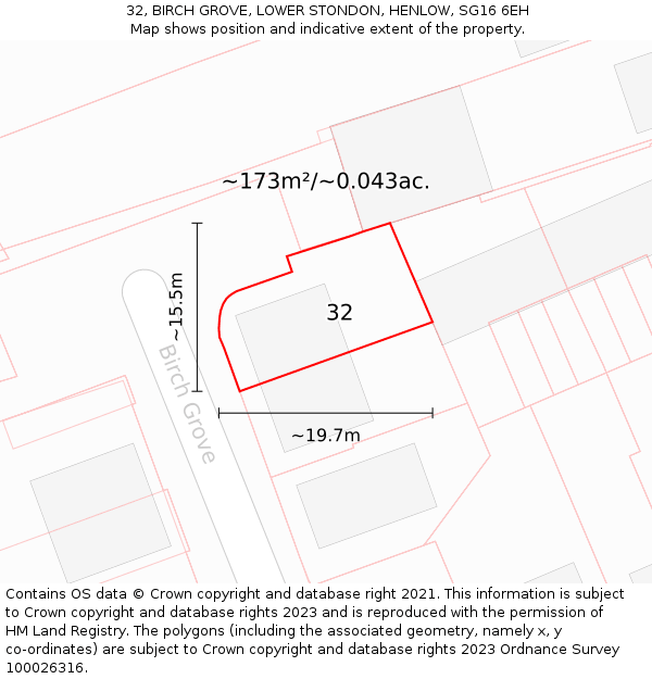 32, BIRCH GROVE, LOWER STONDON, HENLOW, SG16 6EH: Plot and title map