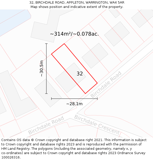 32, BIRCHDALE ROAD, APPLETON, WARRINGTON, WA4 5AR: Plot and title map
