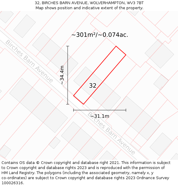32, BIRCHES BARN AVENUE, WOLVERHAMPTON, WV3 7BT: Plot and title map