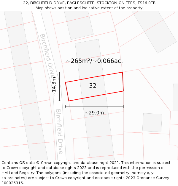 32, BIRCHFIELD DRIVE, EAGLESCLIFFE, STOCKTON-ON-TEES, TS16 0ER: Plot and title map