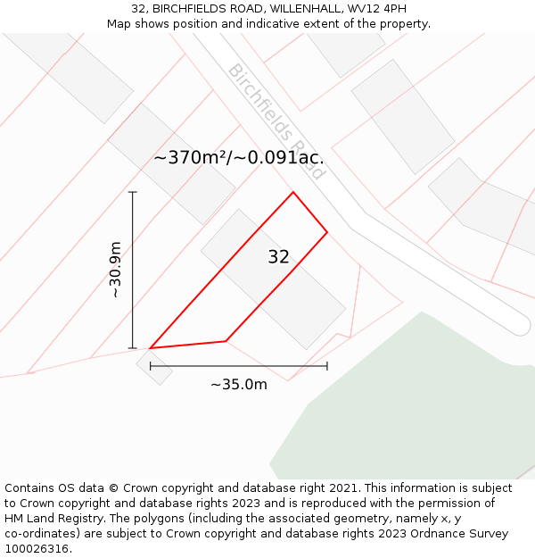 32, BIRCHFIELDS ROAD, WILLENHALL, WV12 4PH: Plot and title map