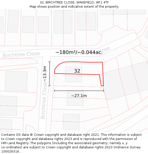 32, BIRCHTREE CLOSE, WAKEFIELD, WF1 4TF: Plot and title map