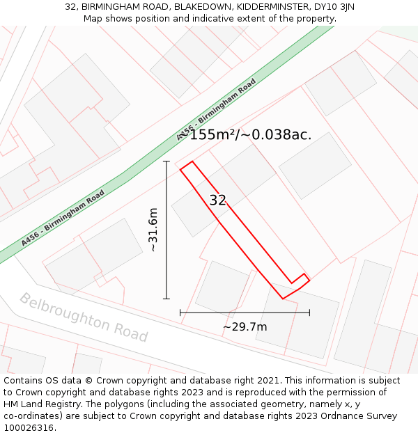 32, BIRMINGHAM ROAD, BLAKEDOWN, KIDDERMINSTER, DY10 3JN: Plot and title map