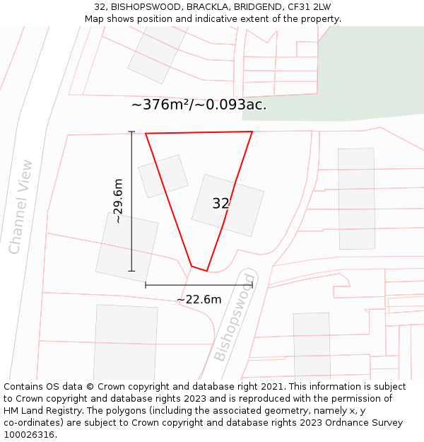 32, BISHOPSWOOD, BRACKLA, BRIDGEND, CF31 2LW: Plot and title map