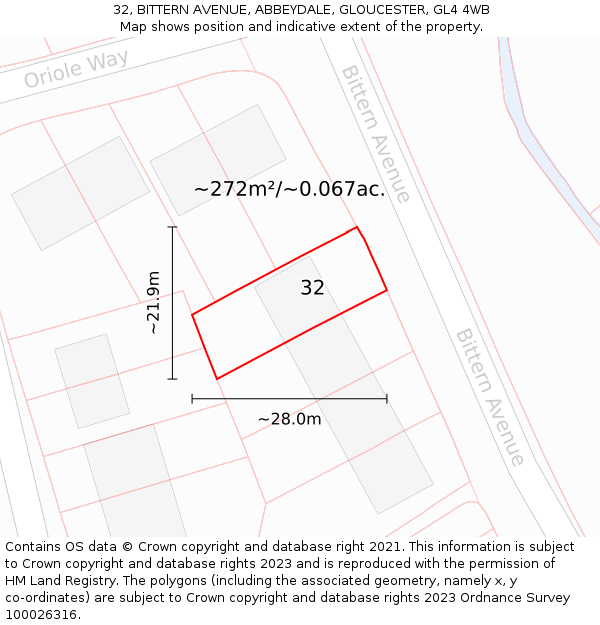 32, BITTERN AVENUE, ABBEYDALE, GLOUCESTER, GL4 4WB: Plot and title map