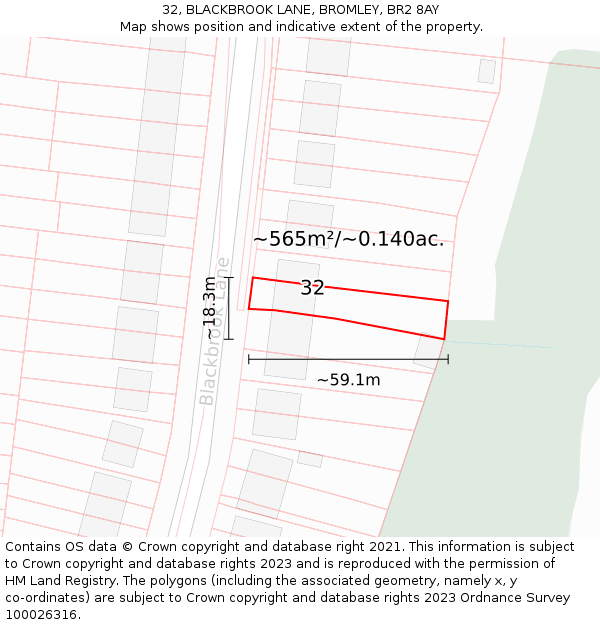 32, BLACKBROOK LANE, BROMLEY, BR2 8AY: Plot and title map